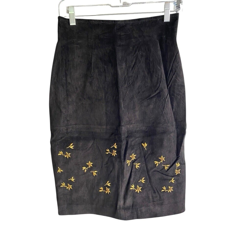 Vintage Pia Rucci Suede Leather Skirt Women's Size 10 Black Embroidered Beaded